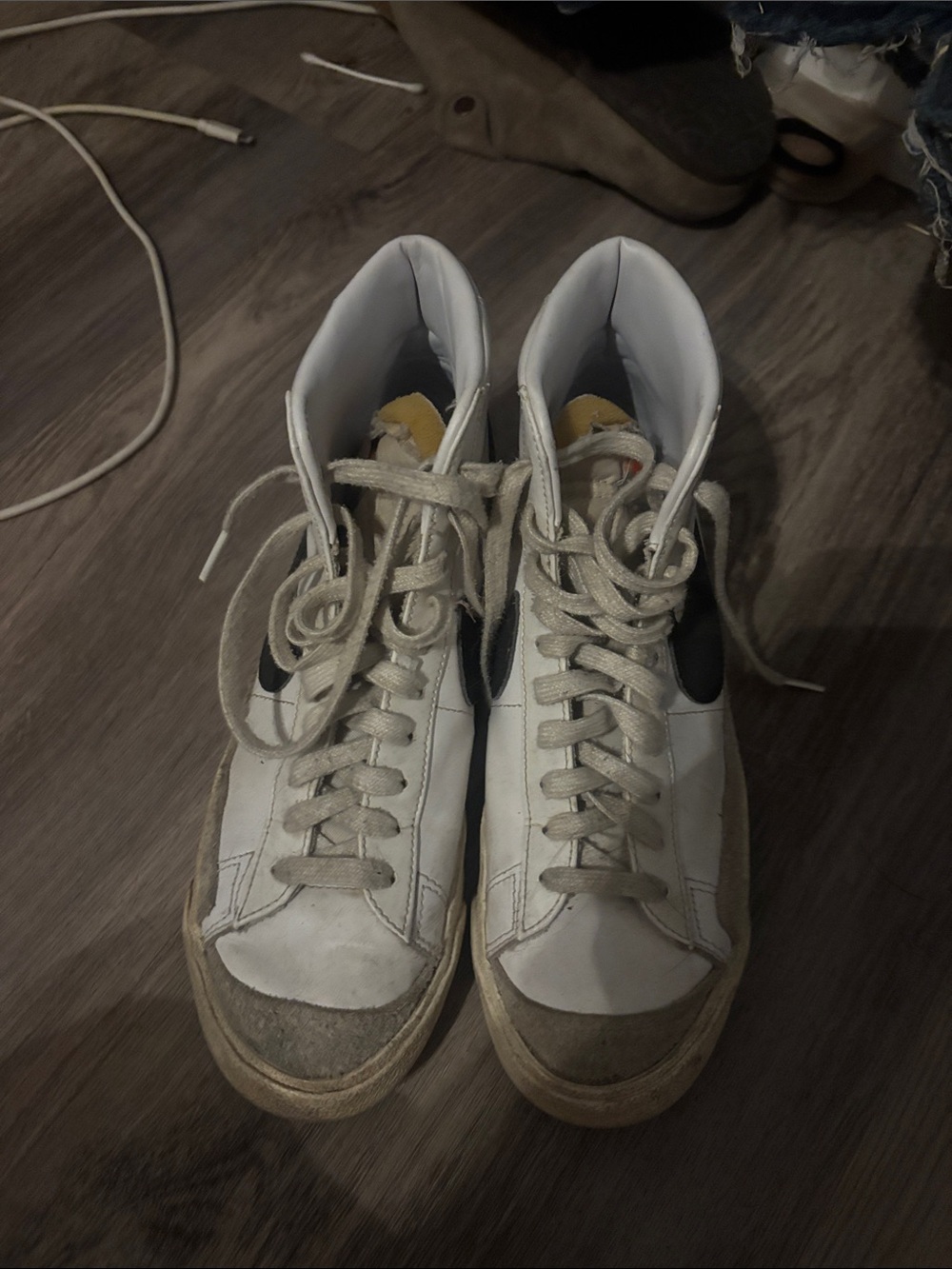 White High-Top Sneakers with Black Swoosh Detail